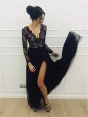 A Line Long Sleeves V Neck Lace Black Prom with Split V Neck Black Formal Evening Dress