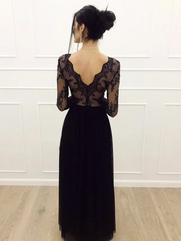 A Line Long Sleeves V Neck Lace Black Prom with Split V Neck Black Formal Evening Dress