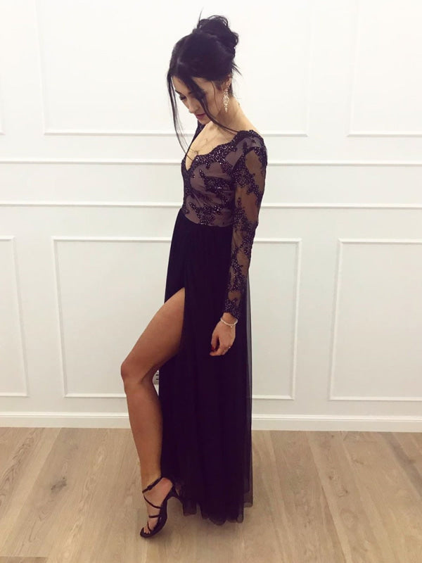 A Line Long Sleeves V Neck Lace Black Prom with Split V Neck Black Formal Evening Dress
