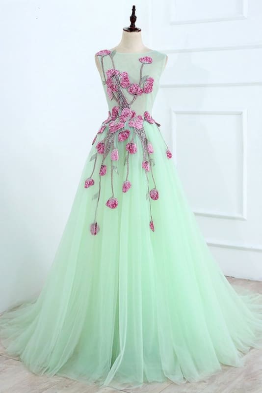 A Line Mint Green Sleeveless Formal Dress Appliques Tulle Prom Dress Long