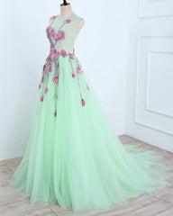 A Line Mint Green Sleeveless Formal Dress Appliques Tulle Prom Dress Long