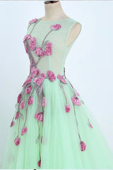 A Line Mint Green Sleeveless Formal Dress Appliques Tulle Prom Dress Long