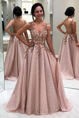 A Line Neck Prom Beads Appliqued Long Evening Dress with Sheer Back