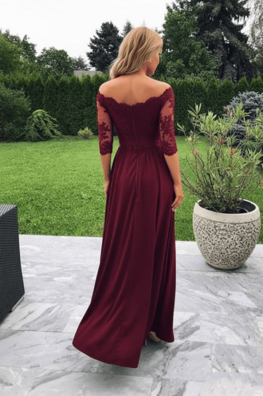 A Line Off Shoulder Half Sleeves Lace Maroon Prom Dress with Slit Burgundy Formal Evening Dress