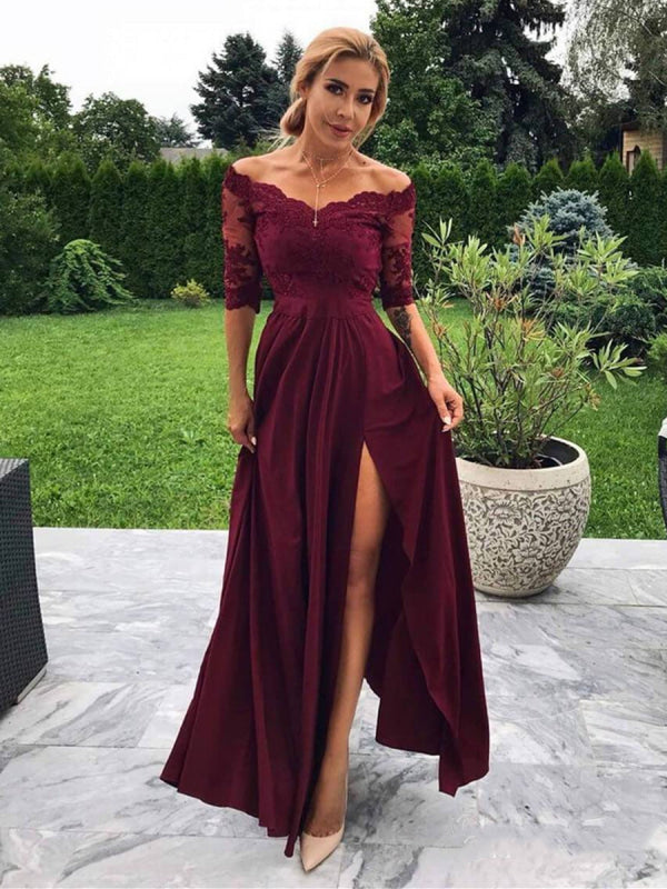 A Line Off Shoulder Half Sleeves Lace Maroon Prom Dress with Slit Burgundy Formal Evening Dress