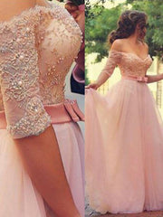 A-Line Off-the-Shoulder 1/2 Sleeves Floor-Length With Lace Tulle Dresses