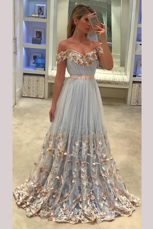 A-line Off-the-shoulder Appliques Tulle Prom Dress with Sash Flowers