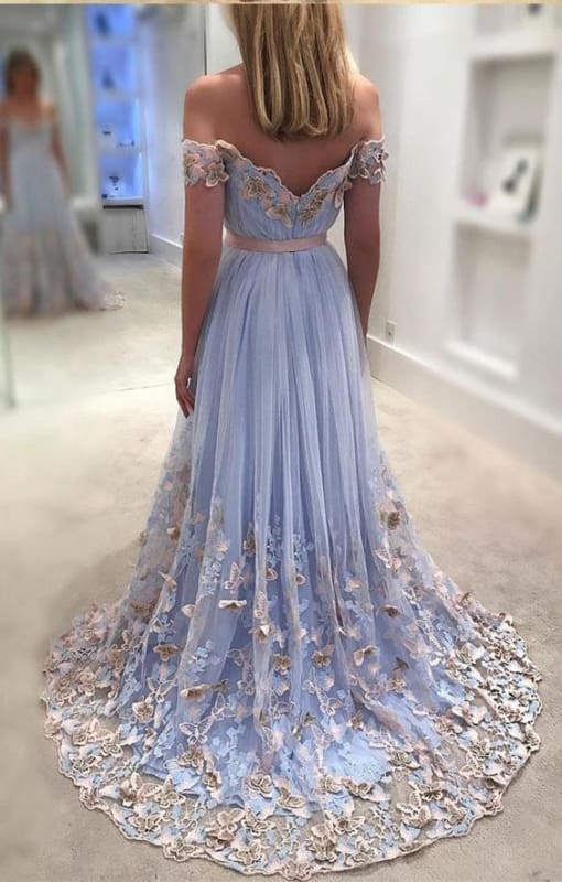 A-line Off-the-shoulder Appliques Tulle Prom Dress with Sash Flowers