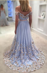 A-line Off-the-shoulder Appliques Tulle Prom Dress with Sash Flowers