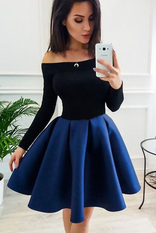 A-Line Off the Shoulder Blue and Black Homecoming Short Prom Dresses