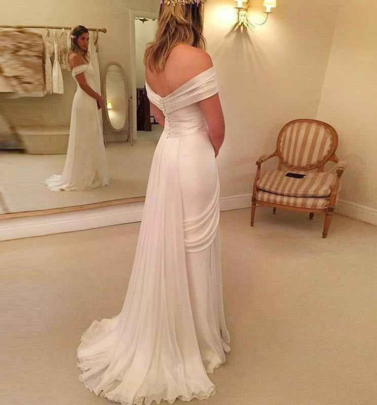 A-Line Off-the-Shoulder Long Chiffon Beach Wedding Dress