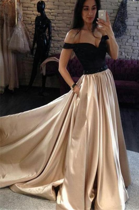A Line Off the Shoulder Floor Length Evening Dress with Black Top