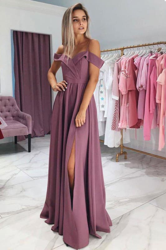 A Line Off the Shoulder Long Prom Dress Front Slit Evening Gown