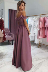 A Line Off the Shoulder Long Prom Dress Front Slit Evening Gown