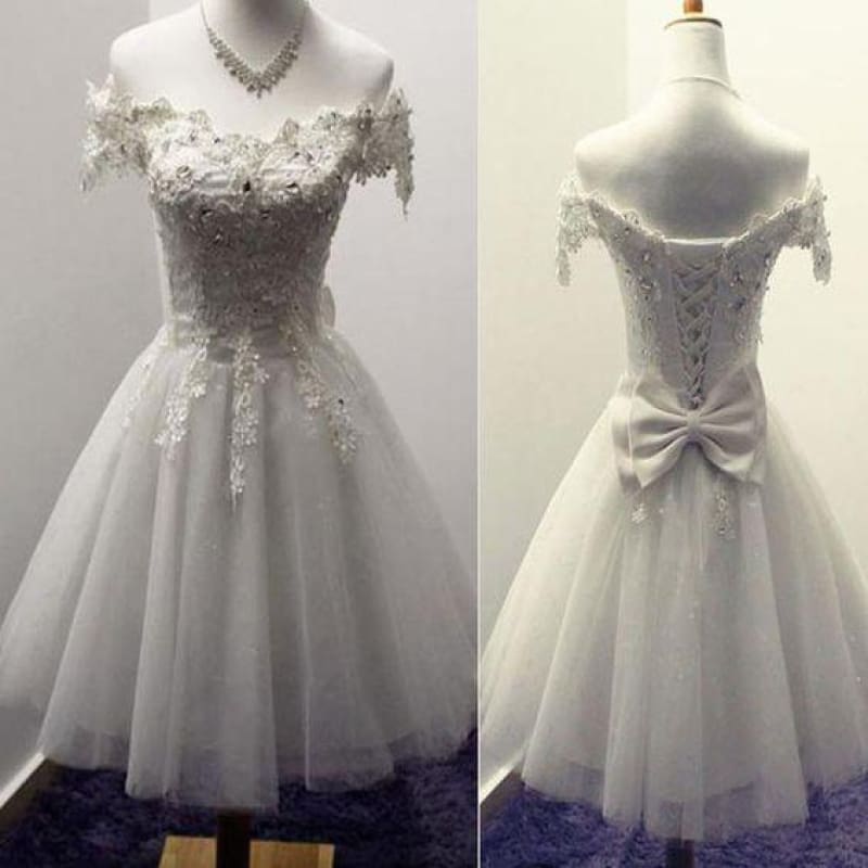 A-line Off-the-shoulder Tulle Homecoming Appliqued Short Prom Dress With Bow