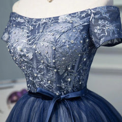 A Line Off the Shoulder Tulle Prom Belt Cute Graduation Dress with Applique