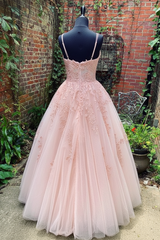 A Line Pink Lace Prom Dress Tulle Formal Graduation Evening Dress