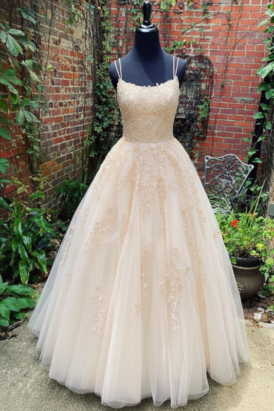 A Line Pink Lace Prom Dress Tulle Formal Graduation Evening Dress