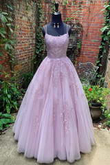 A Line Pink Lace Prom Dress Tulle Formal Graduation Evening Dress