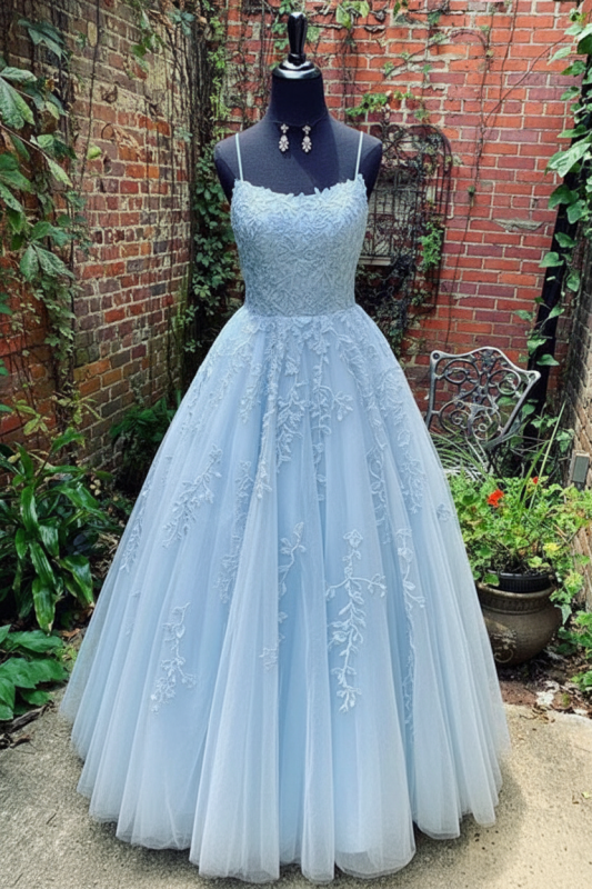 A Line Pink Lace Prom Dress Tulle Formal Graduation Evening Dress