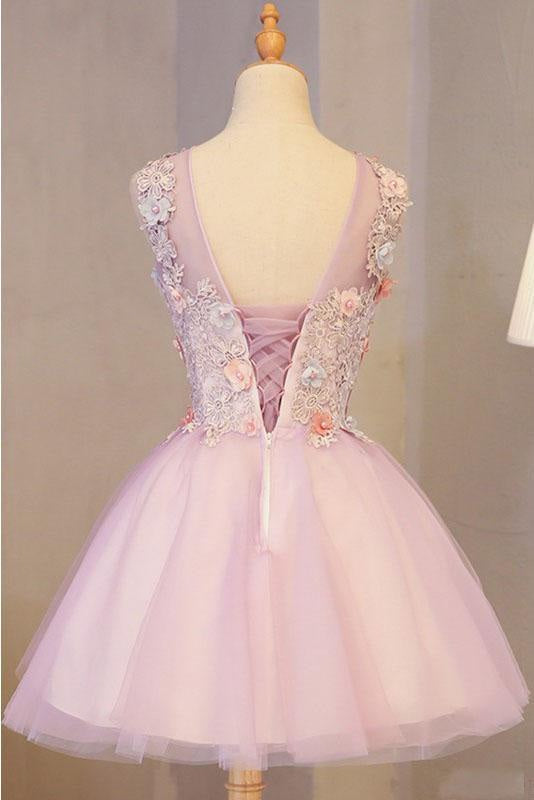 A Line Pink Tulle Homecoming Flowers Short Prom Dress with Beads