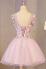 A Line Pink Tulle Homecoming Flowers Short Prom Dress with Beads
