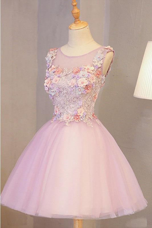A Line Pink Tulle Homecoming Flowers Short Prom Dress with Beads