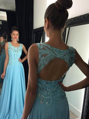 A-Line Scoop Neck Chiffon Prom Dress with Appliques Sleeveless
