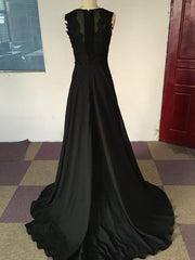 A-Line Scoop Sleeveless Satin Chiffon Prom Dresses with Front Split