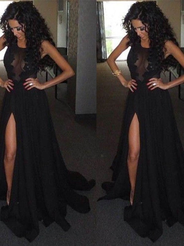 A-Line Scoop Sleeveless Satin Chiffon Prom Dresses with Front Split