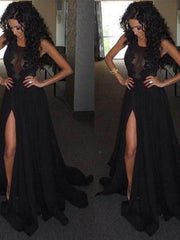A-Line Scoop Sleeveless Satin Chiffon Prom Dresses with Front Split