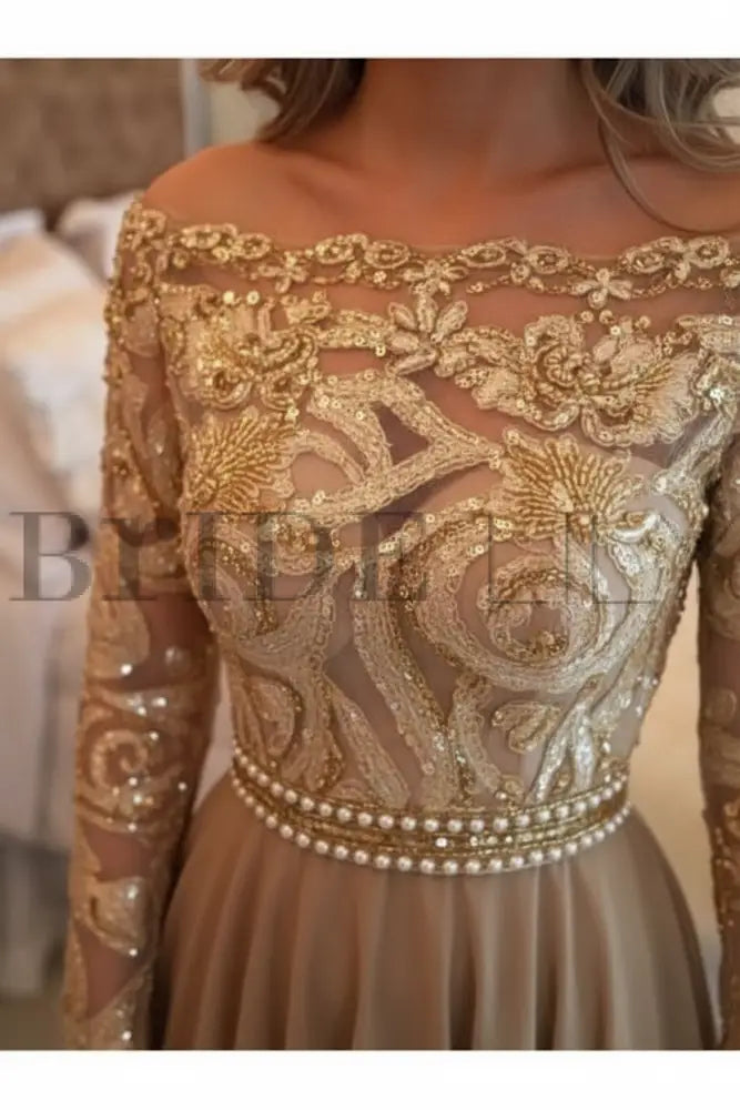 A-Line Sheer Neckline Prom Dresses Floor Length Long Sleeves Evening Dress
