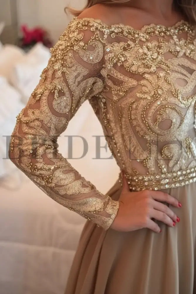A-Line Sheer Neckline Prom Dresses Floor Length Long Sleeves Evening Dress