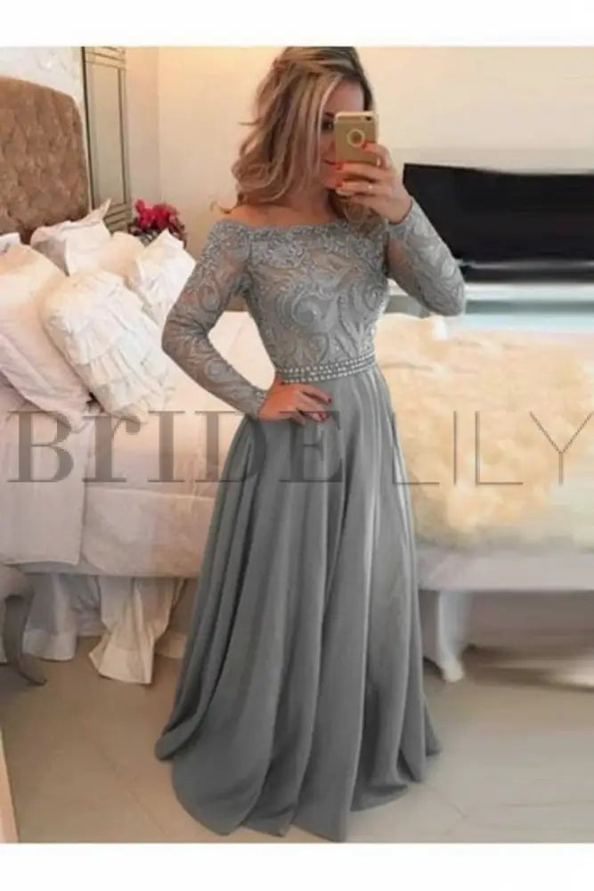 A-Line Sheer Neckline Prom Dresses Floor Length Long Sleeves Evening Dress