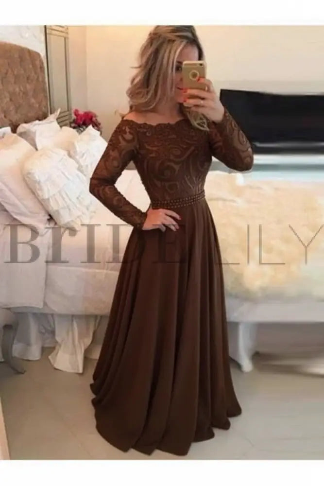 A-Line Sheer Neckline Prom Dresses Floor Length Long Sleeves Evening Dress