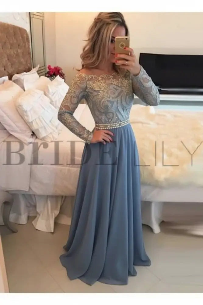 A-Line Sheer Neckline Prom Dresses Floor Length Long Sleeves Evening Dress
