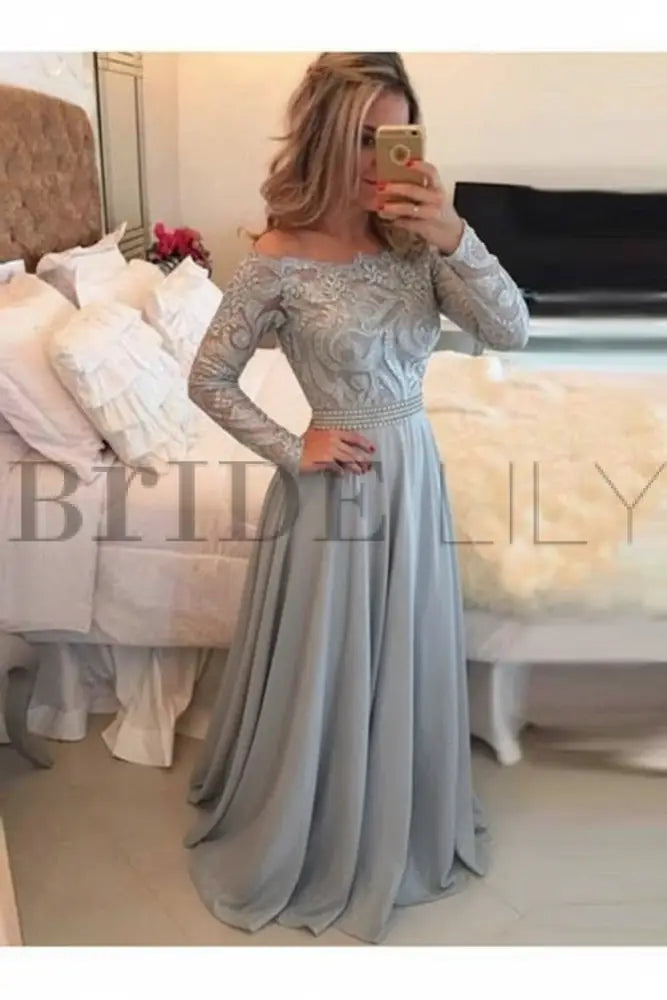 A-Line Sheer Neckline Prom Dresses Floor Length Long Sleeves Evening Dress