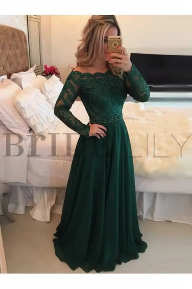 A-Line Sheer Neckline Prom Dresses Floor Length Long Sleeves Evening Dress