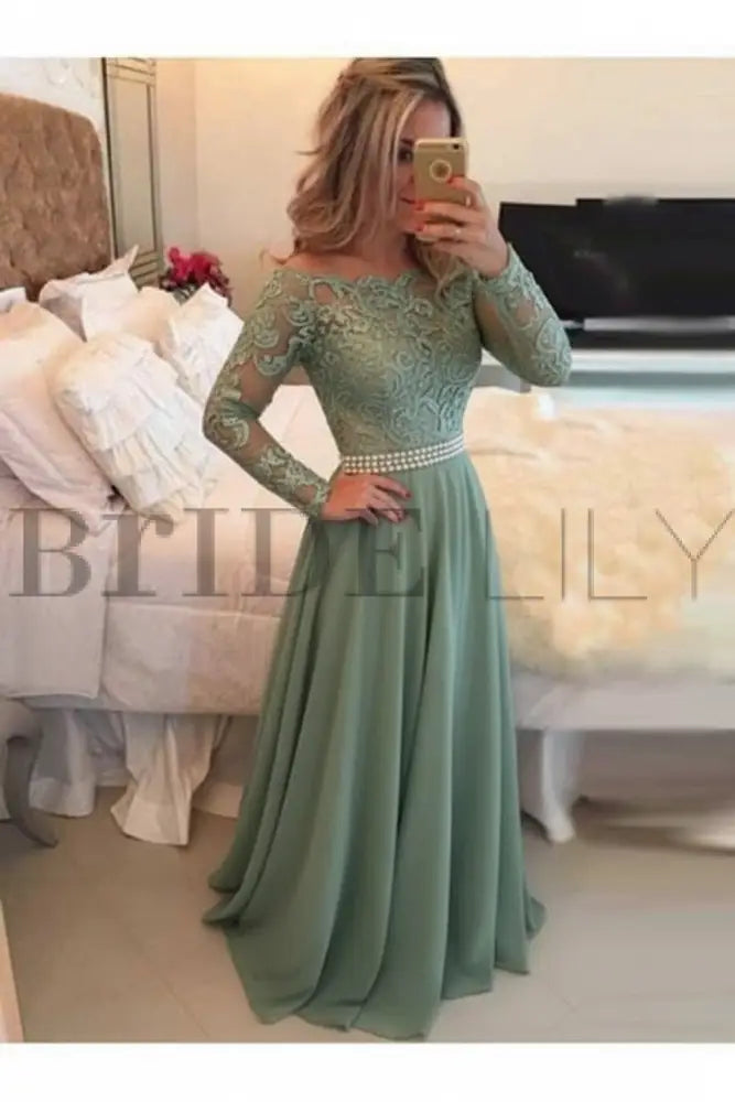 A-Line Sheer Neckline Prom Dresses Floor Length Long Sleeves Evening Dress