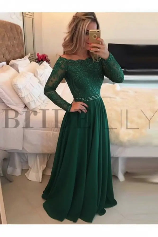 A-Line Sheer Neckline Prom Dresses Floor Length Long Sleeves Evening Dress