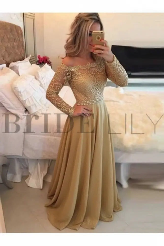 A-Line Sheer Neckline Prom Dresses Floor Length Long Sleeves Evening Dress