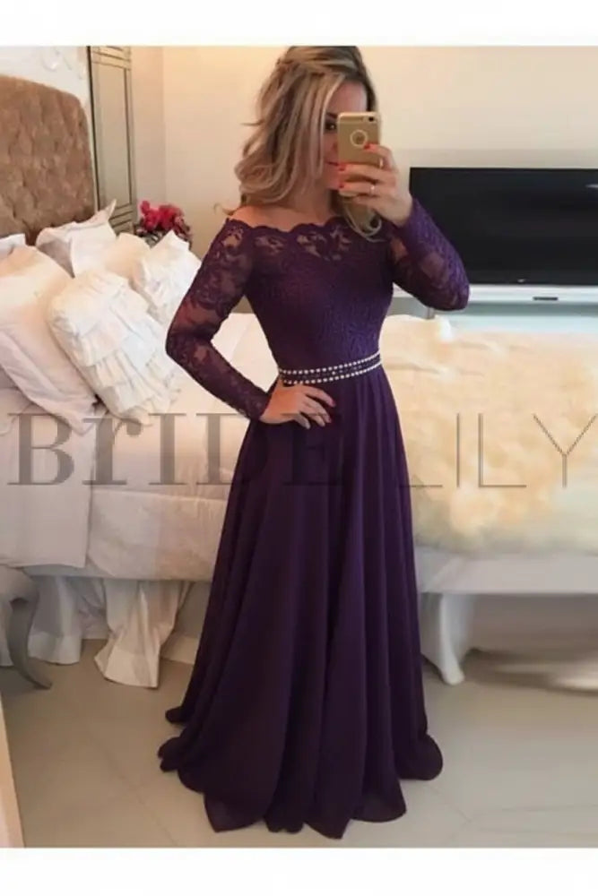 A-Line Sheer Neckline Prom Dresses Floor Length Long Sleeves Evening Dress