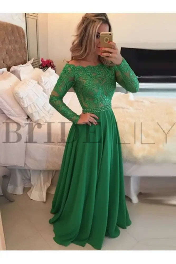 A-Line Sheer Neckline Prom Dresses Floor Length Long Sleeves Evening Dress