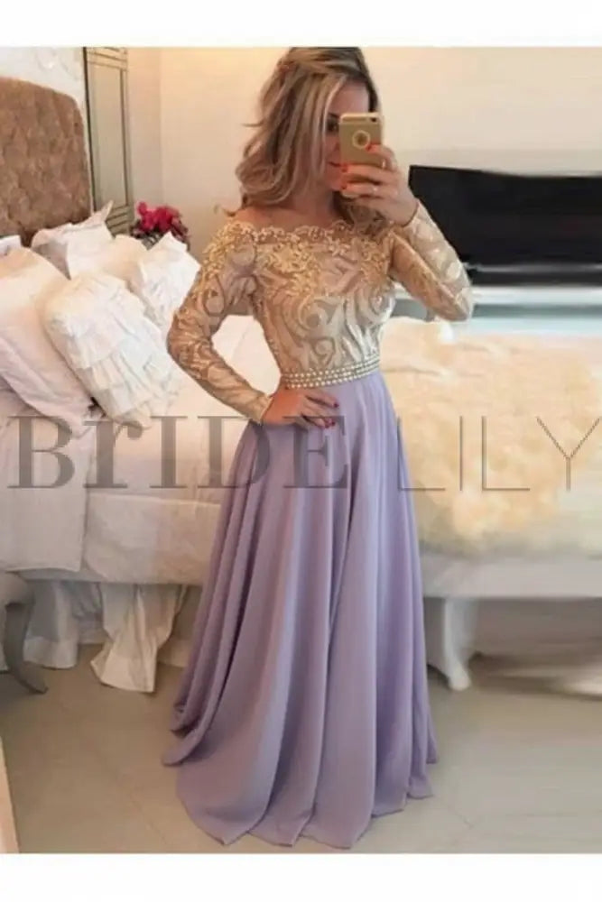 A-Line Sheer Neckline Prom Dresses Floor Length Long Sleeves Evening Dress