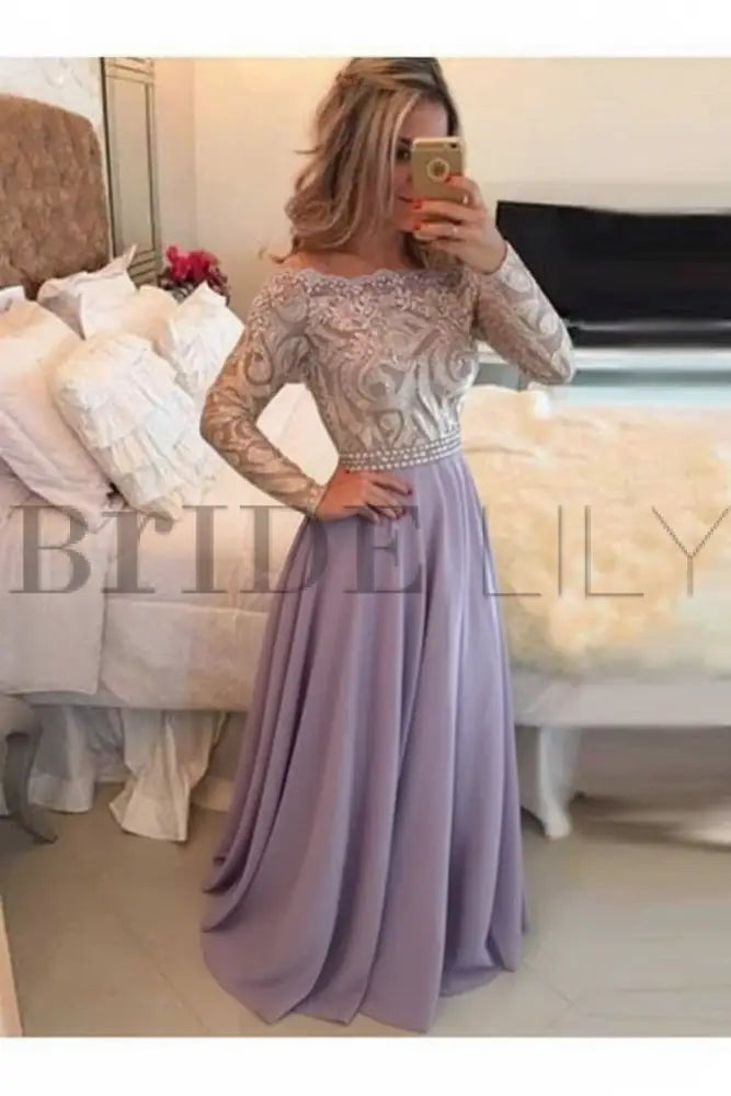 A-Line Sheer Neckline Prom Dresses Floor Length Long Sleeves Evening Dress