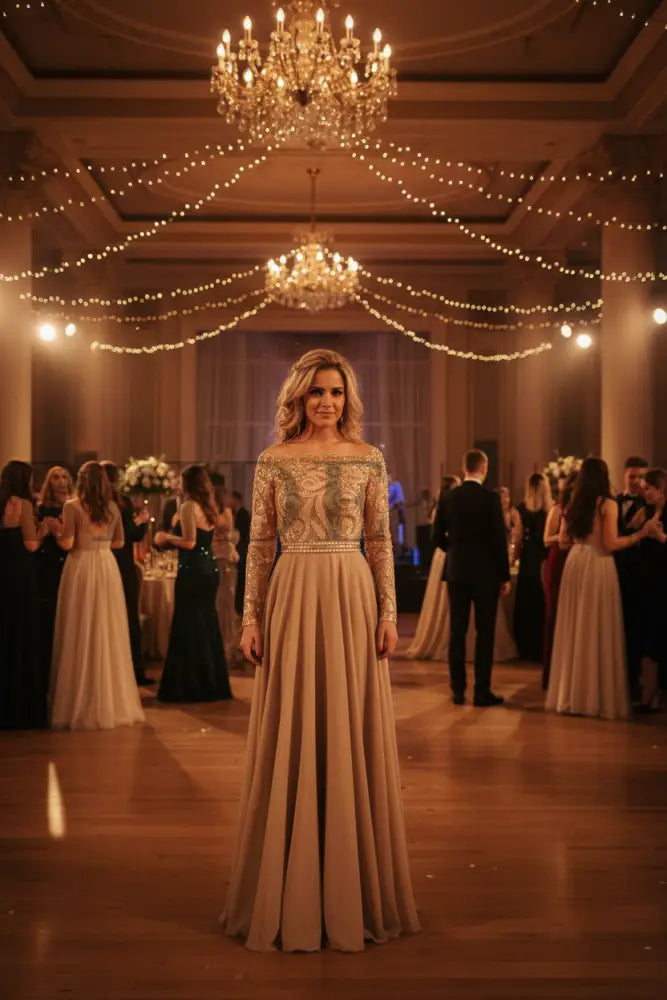 A-Line Sheer Neckline Prom Dresses Floor Length Long Sleeves Evening Dress