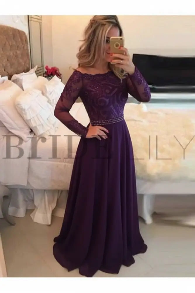A-Line Sheer Neckline Prom Dresses Floor Length Long Sleeves Evening Dress