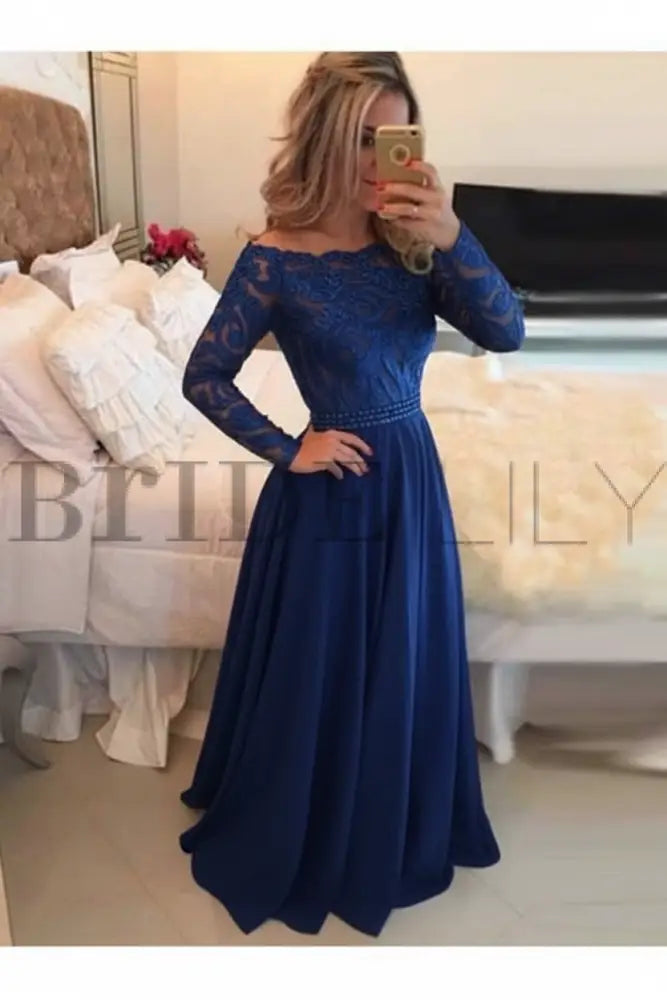 A-Line Sheer Neckline Prom Dresses Floor Length Long Sleeves Evening Dress
