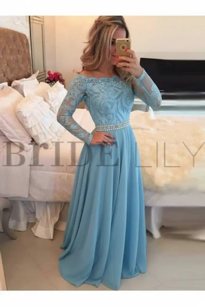 A-Line Sheer Neckline Prom Dresses Floor Length Long Sleeves Evening Dress