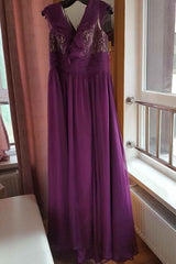 A-line Purple Cap Sleeves Floor-length Split Ruffles Chiffon Prom Dress Party Dresses